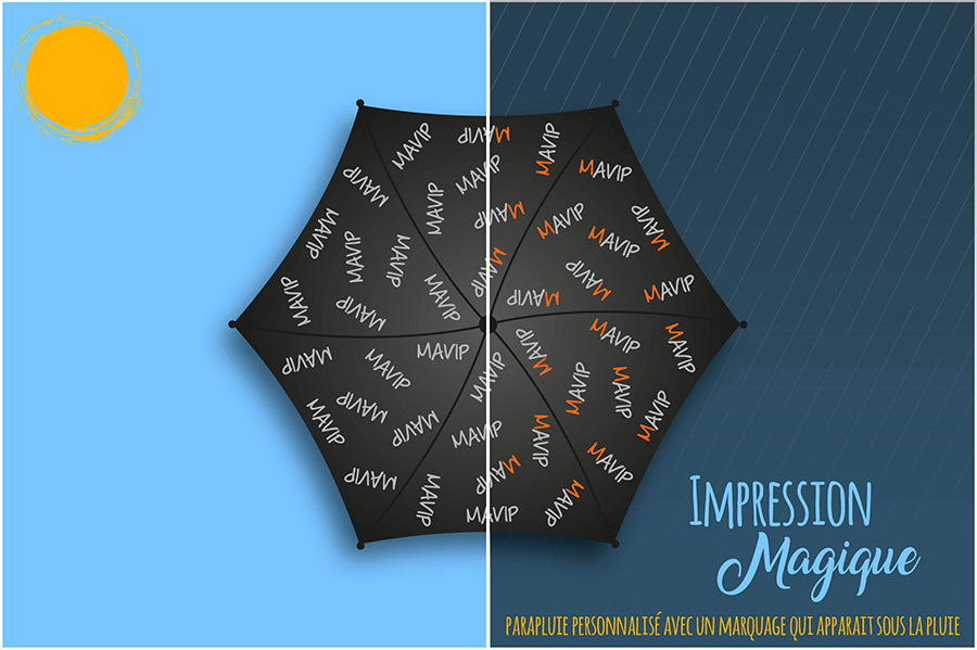 Parapluie personnalisable avec marquage logo d'entreprise qui apparait sous la pluie