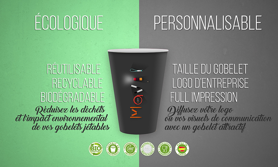 Gobelet réutilisable recyclable biodégradable et personnalisable avec logo d'entreprise by Mavip