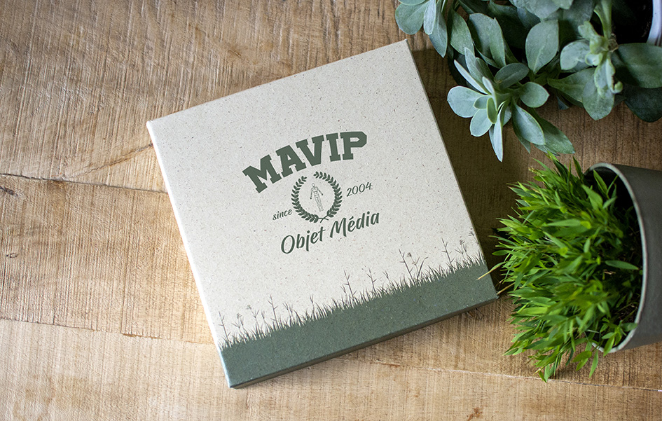 Coffret d'objets médias écologique, recyclable et compostables personnalié par Mavip