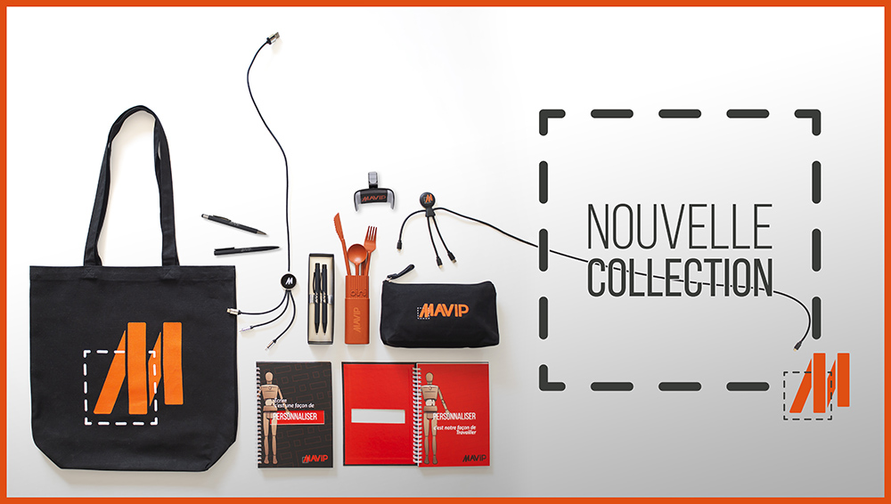 Nouvelle collection d'objets médias personnalisés avec le logo Mavip